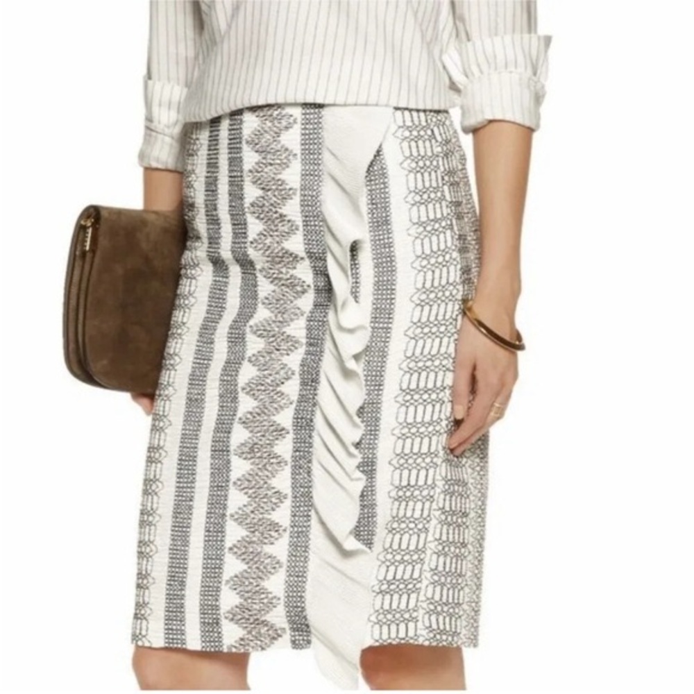 Tory Burch White Black Embroidered Ruffled Knee Length Pencil Skirt Size 0